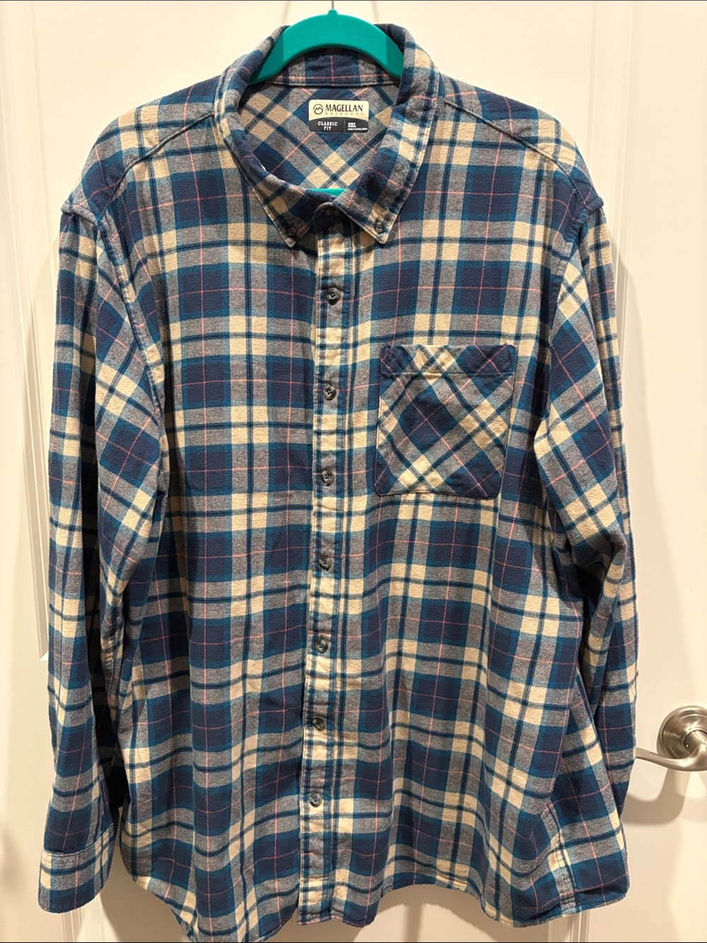 Magellan Outdoors Blue and Cream Plaid Button-Up Shirt